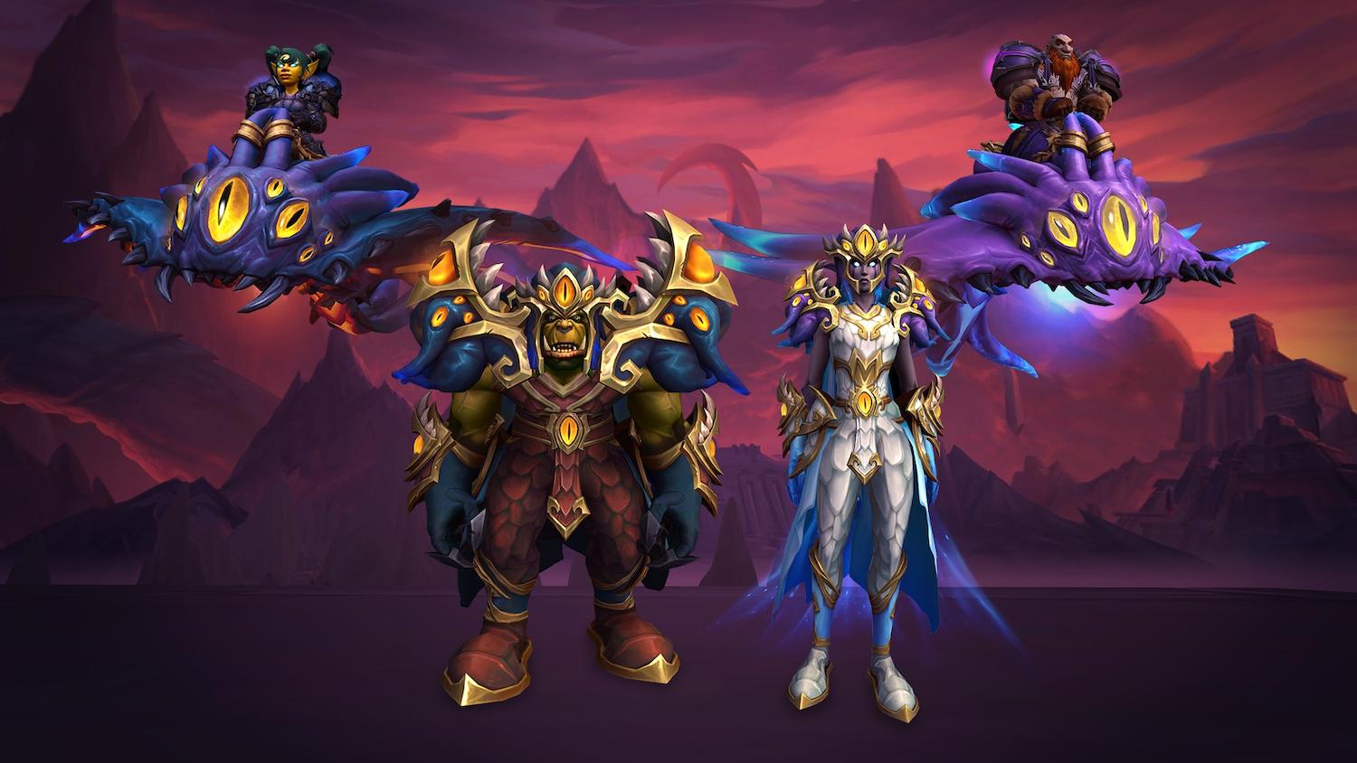 Official promo image of rewards for the Abyssal Collection on the Battle.net Shop. The image shows a sunset landscape from when Old Gods ruled the worl, with a female goblin and male dwarf riding