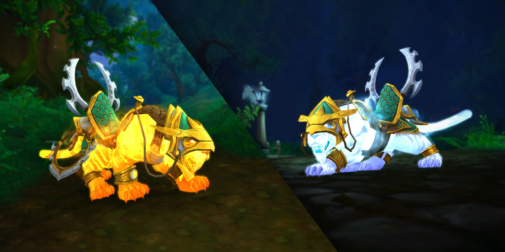 Two images of a glowing night-elf saber mount, facing towards each other. On the left: it is glowing a sunny yellow-orange, on the right: a pale lunar blue-white. Both versions have the same green and gold helmet and saddle.