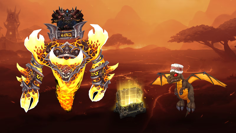 Cataclysm Classic promotional poster, featuring the Runebound Firelord mount (a fire elemental with Ragnaros-inspired textures) and the Lil\’ Wrathion companion pet (a baby black dragon wearing a white turban).