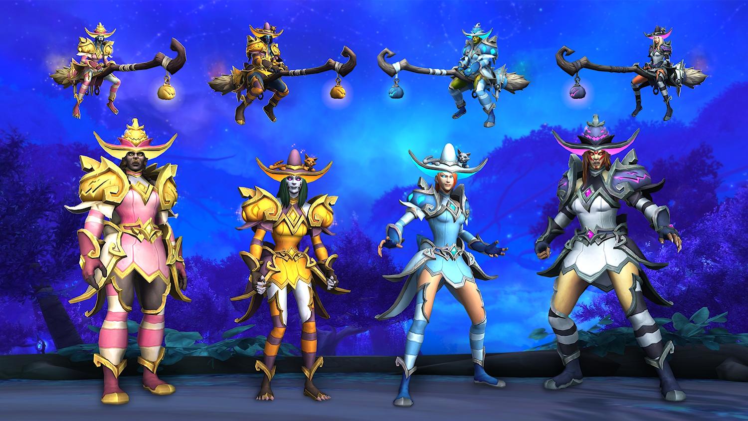 A promo image for the Hexed Witchwick Collection. It depicts female WoW characters of four different race in new girly-pop witch-themed gear (think sexified anime girl clothing with a stereotype witch theme) in pink, gold, baby blue and white, along with four characters riding broomsticks with the same themes and colour in the background.