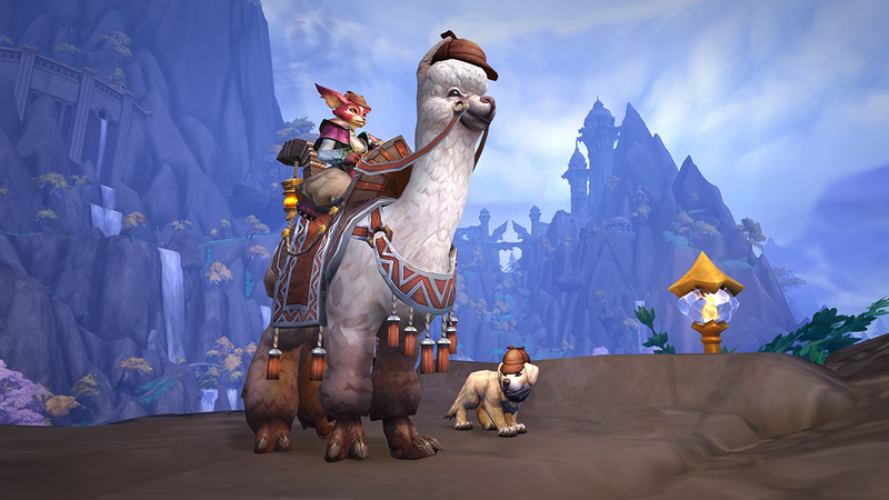 A red female vulpera in white attire with wine-coloured shoulders is riding atop a white alpaca mount. Beside them is a small hound with short, sandy-coloured hair. Rider, alpaca and hound are all wearing roughly matching brown deerstalker hats. The stand on a rock outcripping with Valdrakken in the background