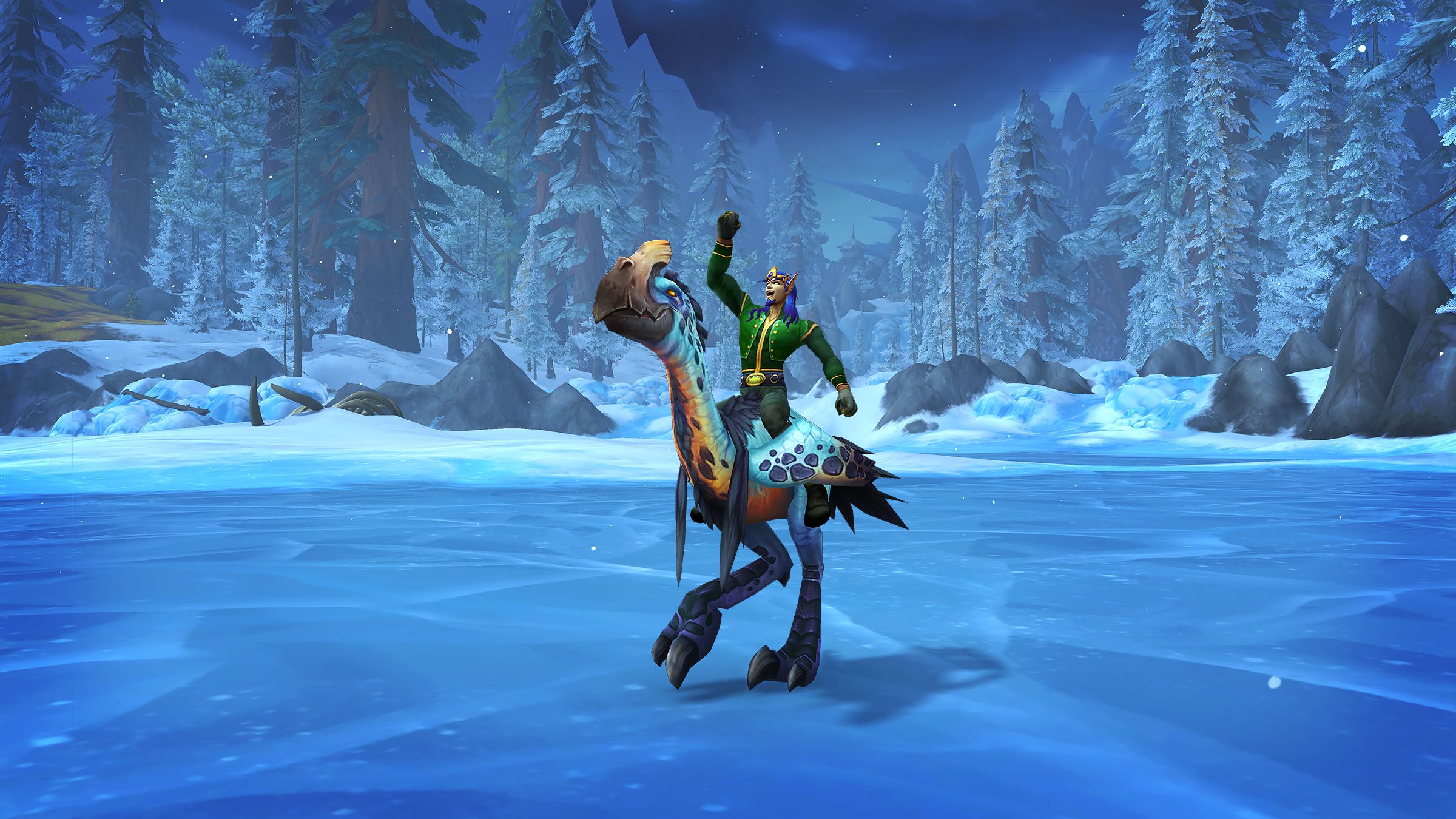 A male blood elf in a fancy green shirt raising an arm in excitement as he sits astride a teal coloured tallstrider mount, with orange throat. They