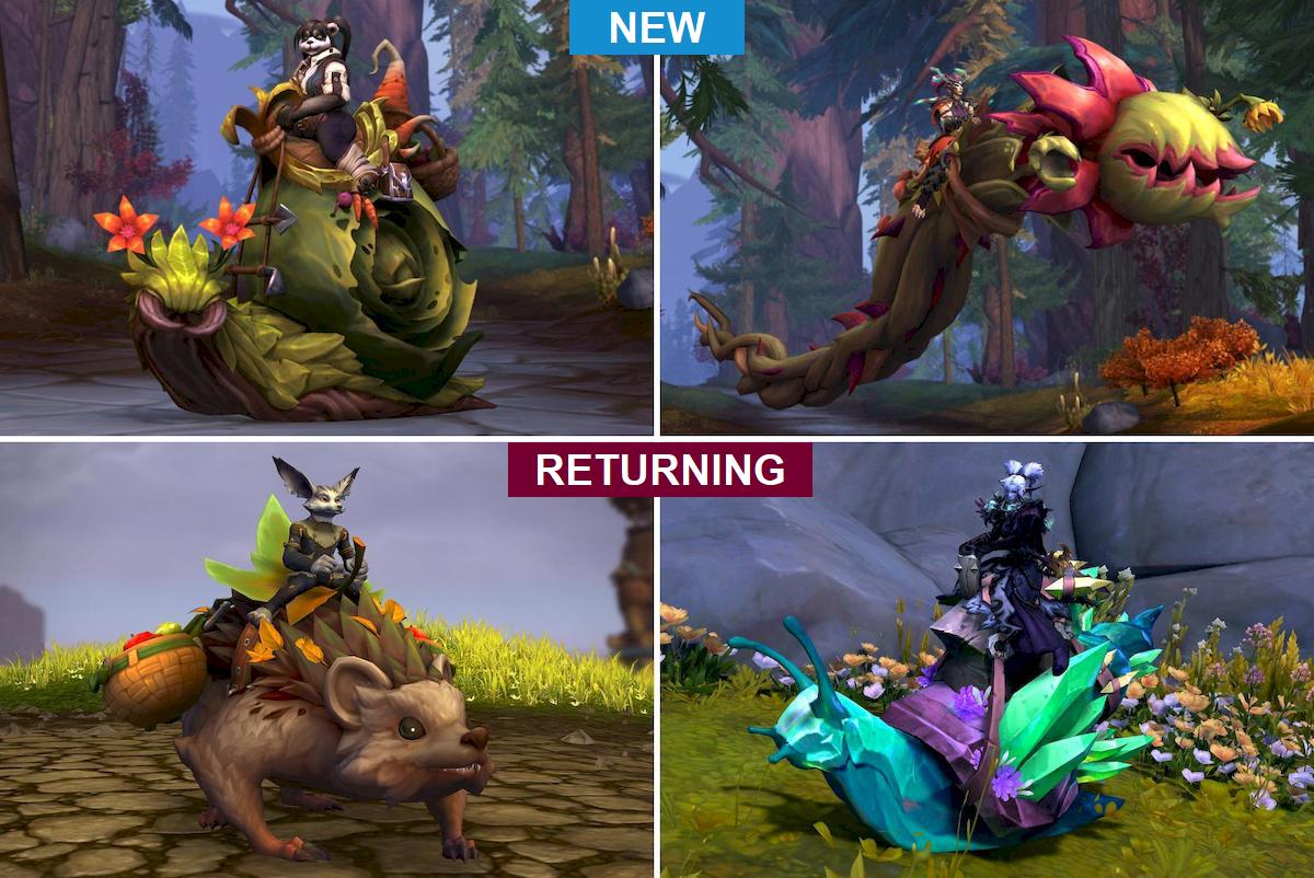 A 2 x 2 montage of in-game screenshots of mounts for the April Trading post. Top left: female pandaren riding an Arboreal Pseudoshell, a vegetative immitation of a green snail, with a shell that looks like a rolled cabbage, green leafy snail body, with wooden underparts, and two bright orange 5-petal blooms instead of antennae. Top right: female night elf riding a Vicious Snapvine, a snake-like, flying, green twist of vines with a crimson holly-leaf-like
