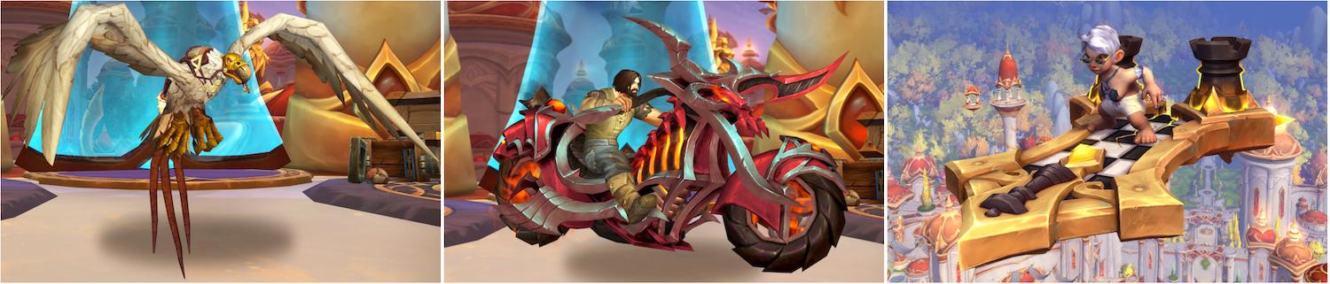 A montage of 3 mounts from the August Trading Post. From left to right: (i) The Badlands Buzzard - a buzzard or vulture with white plumage, bare yellow head and talons, and fleshy, orange-ish tendrils hanging from its tail. The buzzard has no rider and hovers in the Trading Post area in Silvermoon. (ii) The Hateforged Blazecycle - a demonic motorcycle with hot red detailing, sharp silver metal frame, and red flames around its wheels and engine. The bike is ridden by a pale-skinned male human in olive peasant gear, with shaggy brown hair and beard, in Silvermoon. (iii) Grandmasters Royal Board - like a cross-between a hoverboard and a chess set, this board has a riveted thick golden frame surrounding a black-and-white chequered board top, a black queen piece above a golden gem is set into the pointed front. At the back are two engines that look like large, upright black rook pieces, surrounded by a golden glow. The board is ridden by a female gnome in black and white beach gear and silver hair, high above Silvermoon.