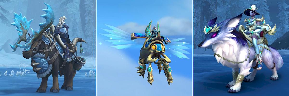 A panel of the three mounts available from the World of Warcraft Trading Post for December 2025. Left: An elk with frosty blue-capped antlers and fur-lined blue barding in a Kalu