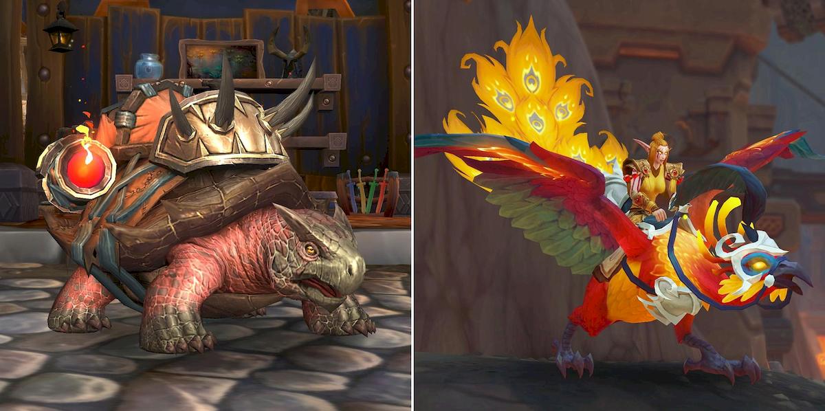 A panel of the two mounts available from the World of Warcraft Trading Post for January, 2026. Left: A red-skinned battle turtle with a brown shell. Mounted on its carapace are a spiked Horde-style saddle with a fiery cannon on either side. Right: a Sunburst Peafowl: a brilliant peafowl mount with red head, wings and legs, and golden body and ample tail.