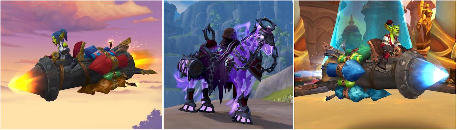 A montage of 3 mounts from the July Trading Post. From left to right: (i) The Bilgewater X-TREME Firework Rocket - a black iron goblin rocket against a sunset sky. It has a sharp conical nose that is heated to the pointed of being bright yellow-orange. A female goblin with blue hair is seated in the cockpit&apos upholstered red chair. Various cartoonish fireworks rockets are strapped to the sides at the back. The largest is red, but there are also some blue, blue/red striped, and brown with fawn zigzags. (ii) The Wailing Banshee