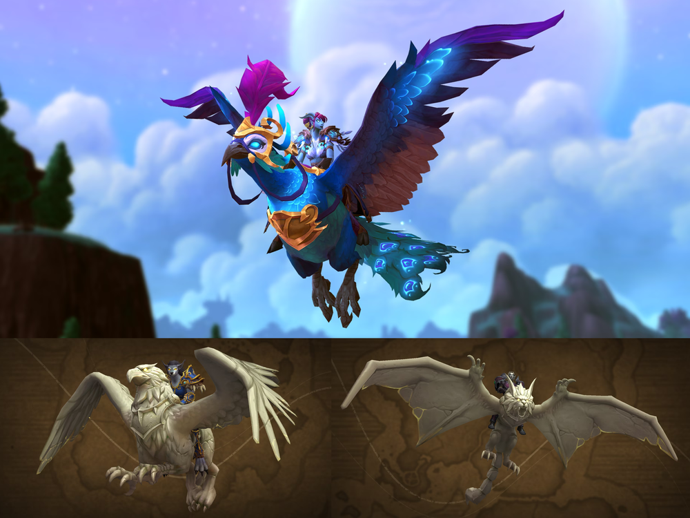 Top: A flying blue peacock with a purple-plumed gold helmet and gold breastplate, ridden by a female draenei. There are fluffy clouds and a large moon in the evening sky. Bottom left: a hovering gryphon mount made out of white alabaster stone. Bottom right: a hovering wyvern mount made out of white alabaster stone.