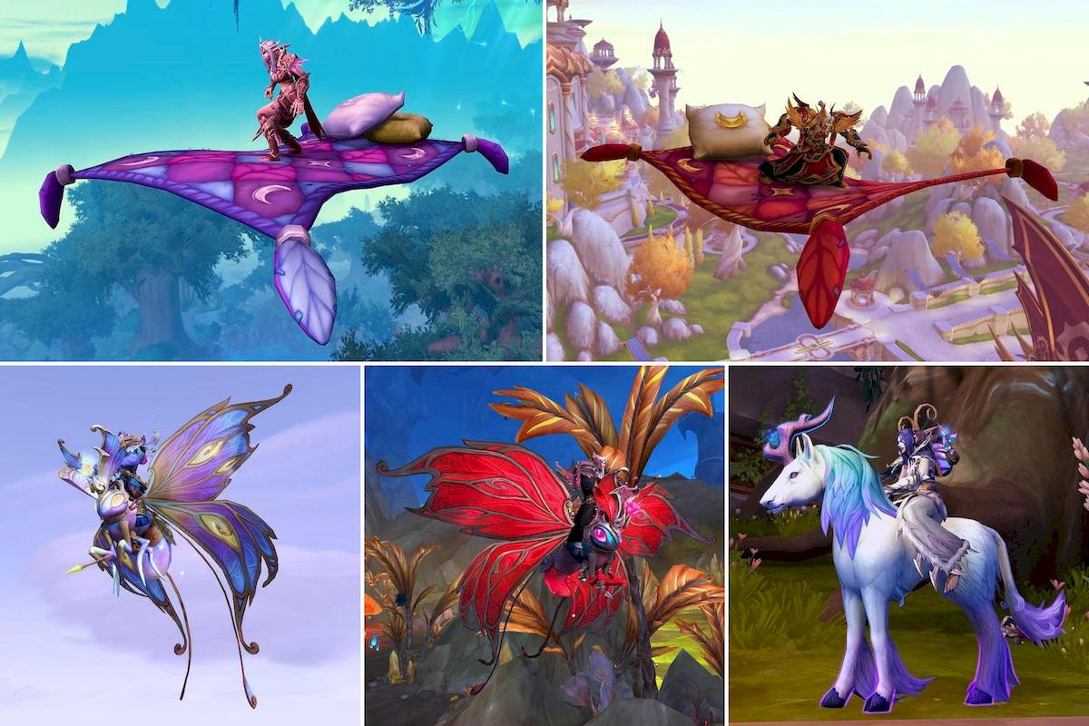 A montage of in-game screenshots of mounts for the March Trading post. Top row: two flying quilt mounts. Like flying carpets but with a quilt-like texture in a triangles-and-diamonds patchwork pattern, some squares have moons on them. The corner tassels are like lance-shaped leaves. Top left: Comfy Bel’ameth Flying Quilt: in fuchsia and blue-purple. Top right: Comfy Silvermoon Flying Quilt: in lighter and darker reds. Bottom row, from left to right: Pearlescent Butterfly - a seemingly mechcanical butterfly with opalescent eyes, metallic edging, a gorgeous leadlighting-style wings in a gradation of yellows, oranges, fuchsia and blues with brass edges. It sports a crown on its head with a yellow, magnolia-like flower in it, and has a simple metal spear in its front right leg. Ruby Butterfly: A similar butterfly mount to the above but with crimson wings and eyes, a metallic dark blue body, and a red flower in its crown. Shimmermist Free Runner: An Ardenweald dreamrunner mount (a unicorn with an elegantly curved sickle-like horn. It has a white body, shading to purple in its lower legs, purple hair on its legs, tail tip, and a mane of cyan grading to purple at the tips. Its horn has the texture of a rich brown piece of wood.