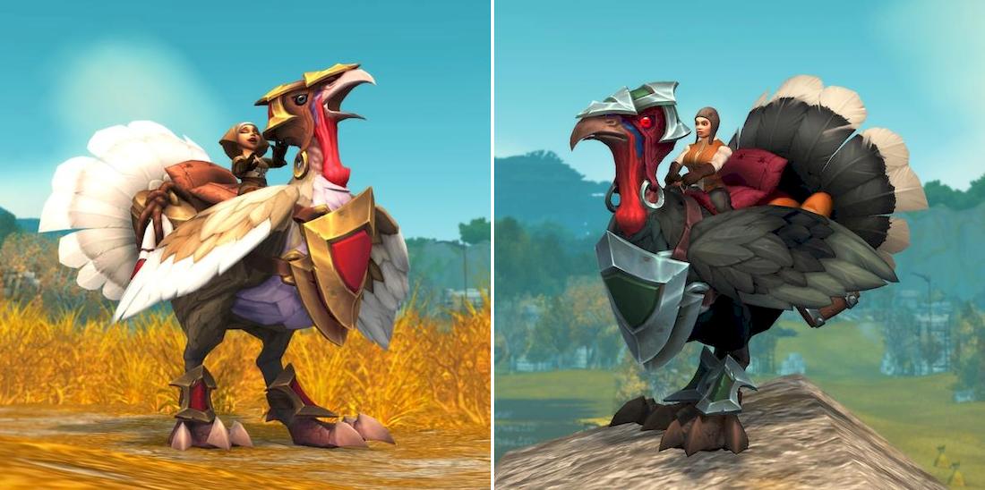 A panel of the two mounts available from the World of Warcraft Trading Post for November 2025. Left: A female gnome riding the Prized Turkey - a giant turkey mount with white and pale fawn feathers. It wears an armoured helmet, breastplate and greaves in red with broad gold edging. Right: A female human riding the Highlands Gobbler - a giant turkey mount with black feathers. It wears an armoured helmet, breastplate and greaves in black with broad, grey metal edging.