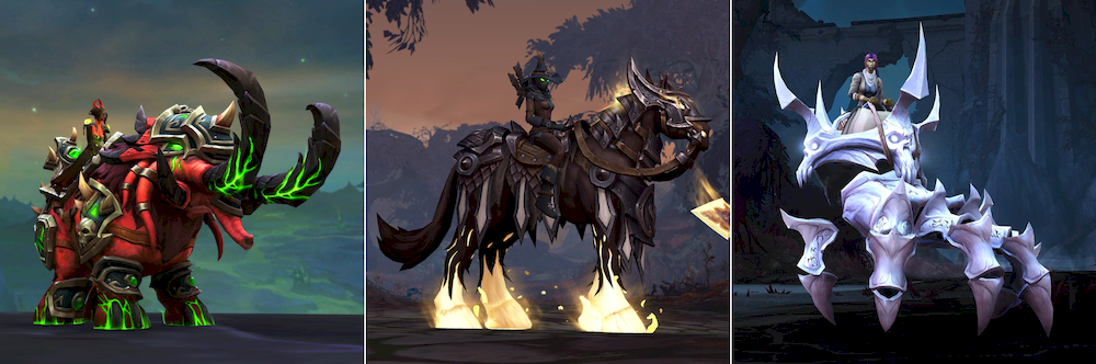 A panel of the three mounts available from the World of Warcraft Trading Post during October 2025. From left to right: (1) Legion Forged Elekk - a blood-red pachyderm with enormous, upcurling tusks. It has veins of fel green running along its tusks, feet, and around its glowing green eyes. It sports metallic harness and armour with green ornaments; (2) The Headless Horseman