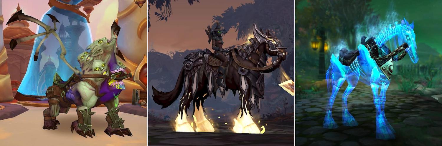 A montage of three mounts available in the October Trading Post. From left to right: (i) Bilebound Ur&apo;zul - a monstrous, green four-legged beast with skeletal bat wings and where its head should be a series of tormented Draenei faces emerge; (ii) The Headless Horseman