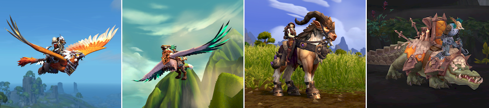 A panel of the four mounts available from the World of Warcraft Trading Post during September 2025. From left to right: (1) Cinder-Plumed Highland Gryphon - an orange gryphon with white wing margins, wearing a breastplate and white-feathered helm; (2) High Shaman