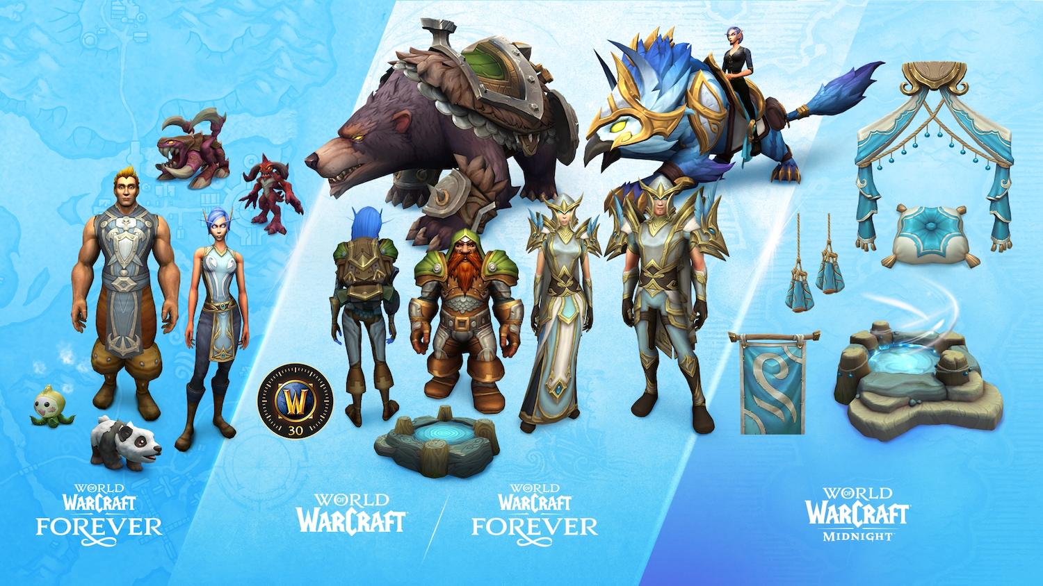 Official promo image of rewards for the World of Warcraft: Forever Epic Pack, including two mounts: the Veteran Adventurer